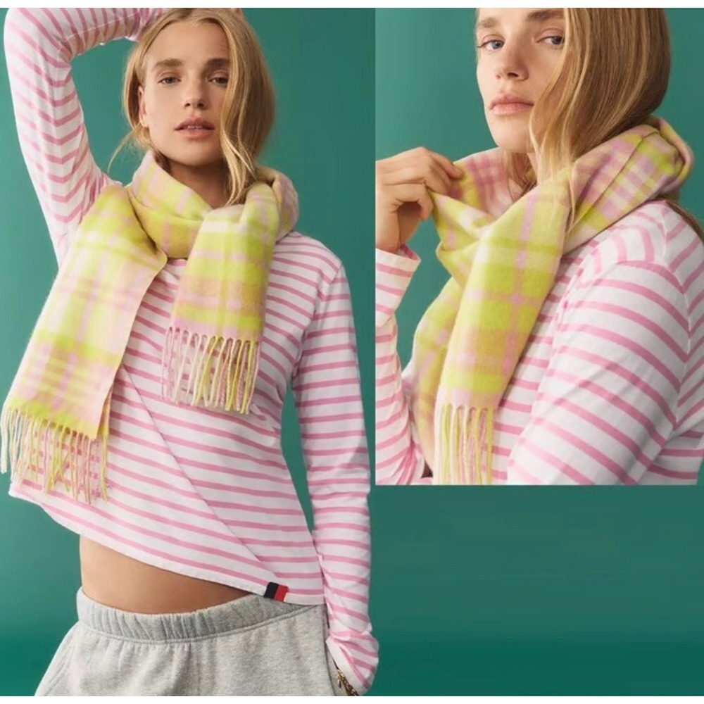 Anthropologie Maeve Plaid 100% Wool Pink Yellow Chunky‎ Scarf Fringe Cozy Winter
